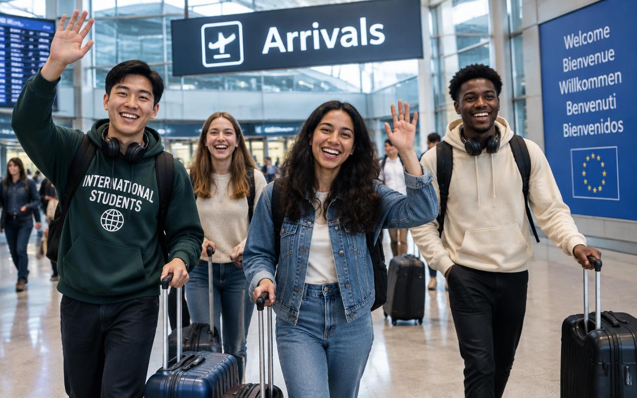 Étudiants arrivant à l'aéroport