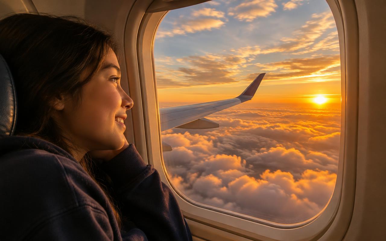 Étudiante dans l'avion